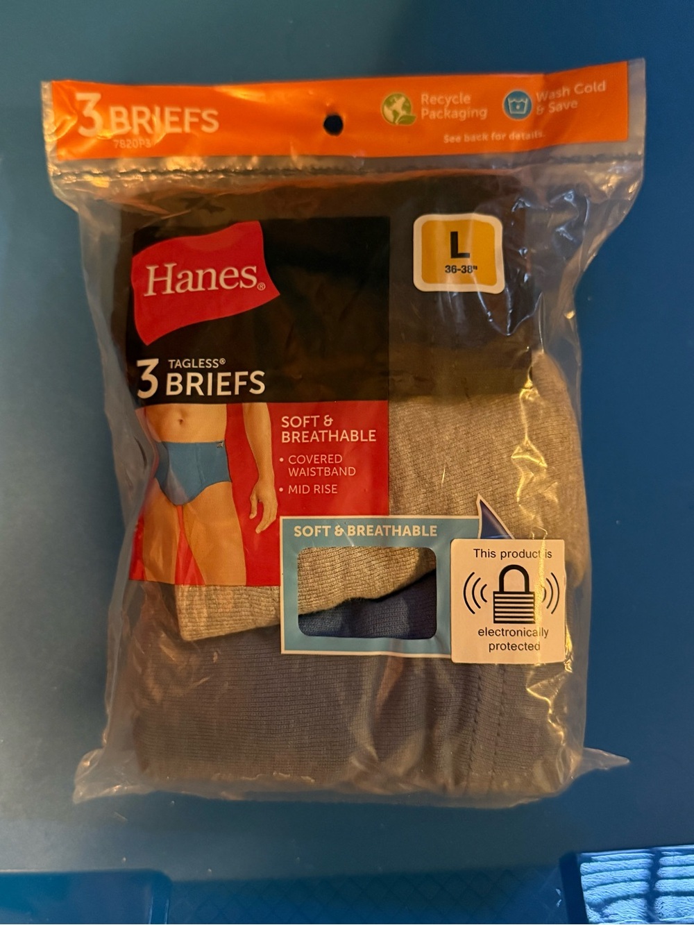 Hanes Men’s Tagless 3-Pack Briefs – Gray & Blue, Large